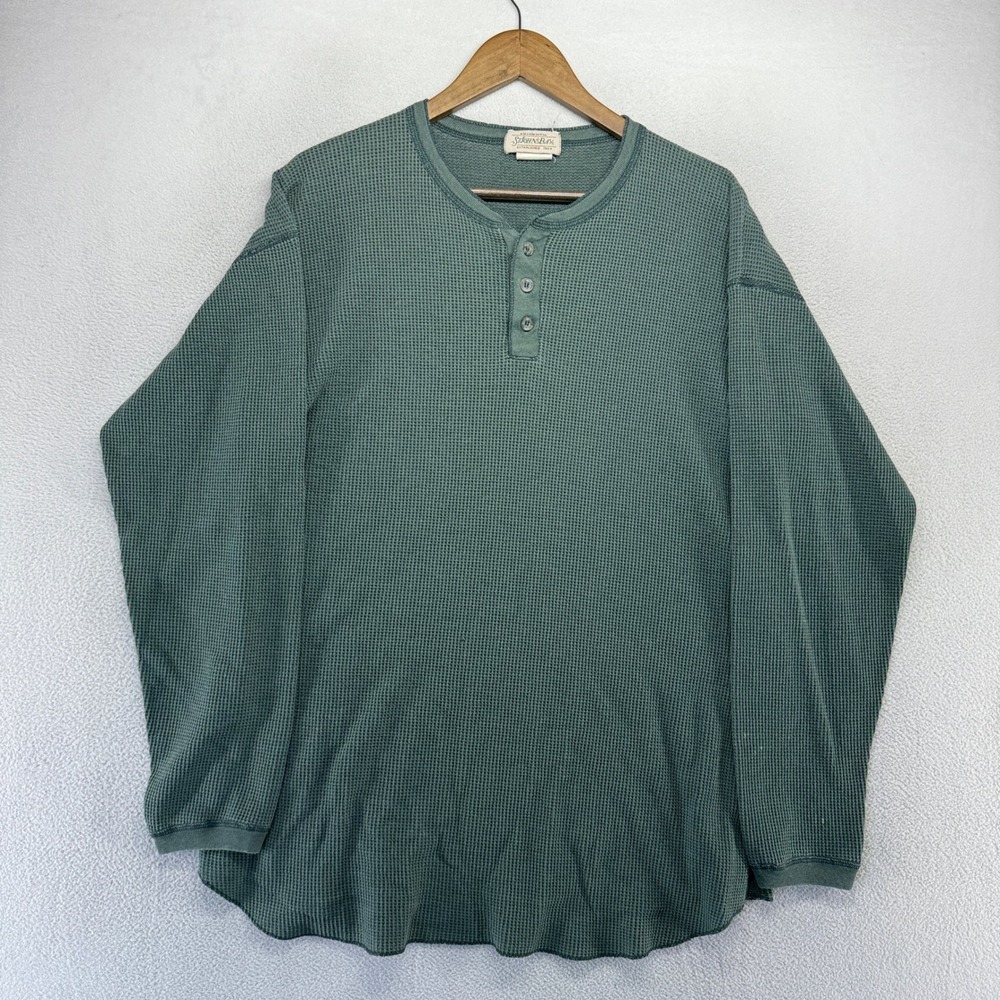 Vintage St John's Bay Shirt Mens XL Green Waffle Knit Henley Thermal Faded 90s
